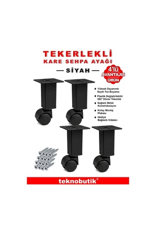 4 Adet 15cm Boy Siyah Kare Plastik Tekerlekli Mobilya Sehpa Ayağı Beyaz
