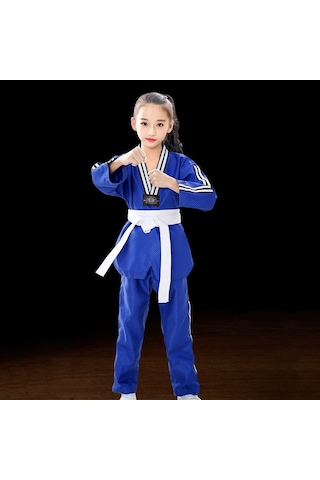 Sones Çocuk Yetişkin Pamuklu Erkek Ve Kadın Tekvando Giyim Eğitim Üniformaları Artı Bar Mavi