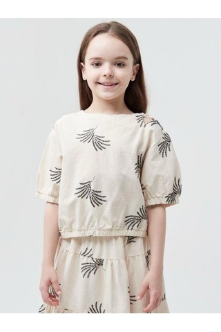 Kız Çocuk Pamuklu Omuz Pencereli Nakışlı Bluz-13814-bej Bej