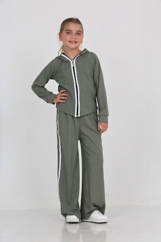 Toontoy Kids Toontoy Kız Çocuk 2'li Takım Kapüşonlu Fermuarlı Reglan Kol Sweatshirt & Beli Lastikli Bol Paça Eşofman Altı - Şerit Detaylı & Fitilli Haki