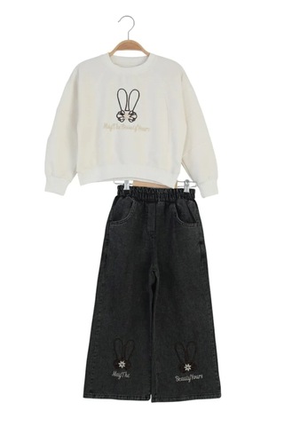 Erdem Kıds Kız Çocuk Bayramlık Günlük - Casual Geniş-bol Paça Palazzo Kot Pantolon-sweatshirt İkili Takım Beyaz - Siyah