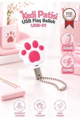Usb Flash Bellek 32gb Kedi Patisi Görünümlü Anahtarlıklı Usb Drive Usb01 Beyaz