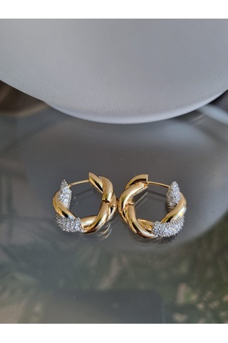 14k Altın Kaplama Taşlı Örgü Halka Küpe Işıltılı Şıklık Altın