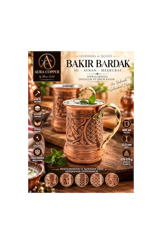 Ağır El İşlemeli Bakır Ayran Bardağı 400 Ml İçi Kalaylı Kulplu Su Meşrubat Bardağı Kupa- Bakır Bileklik Hediyedir Trs-0160
