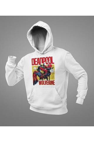 Sevbano Deadpool X Wolverine Baskılı Unisex Oversize Marvel Karakter Hood Beyaz