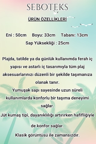 Seboteks Fermuarlı İçi Astarlı Cepli Hasır Jüt Kumaş Plaj Çantası Sbc3225 Bej