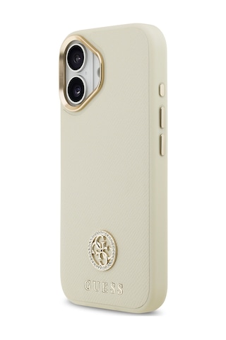 Apple Uyumlu iPhone 17  Kılıf Guess Lisanslı M-safe Özellikli Grained Yazı Ve Taşlı 4g Logolu Kapak Bej Bej