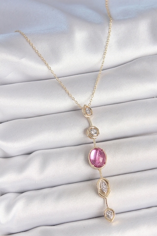 Pirinç Zincir Gold Renk Pembe Zirkon Taşlı Y Kolye Altın - Beyaz
