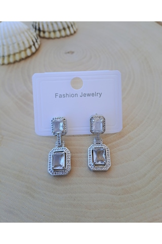 Dali Shop Baget Taşlı Küpe Gümüş Renk Gümüş