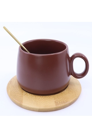 Bambu Tabaklı Seramik Kupa -kahverengi
