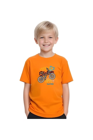 Fyk Kids Erkek Çocuk Yuvarlak Yaka Bisiklet 52 Erkek Baskılı T-shirt Turuncu