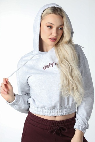 Defys Kadın Gri Melanj Baskılı Kapüşonlu Crop Sweatshirt - Mevsimlik Hoodie Gri Melanj - 497134715 Gri Melanj