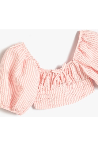 Koton Crop Bluz Balon Kollu Büzgü Detaylı Pınk Strıpe 4skg60161aw Pembe