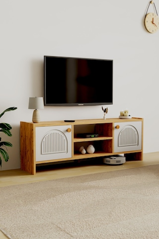 Molde Bohem Tv Sehpası Mdf Membran Kapaklı Raflı Tv Ünitesi Televizyon Sehpası Atlantik Çam - Beyaz