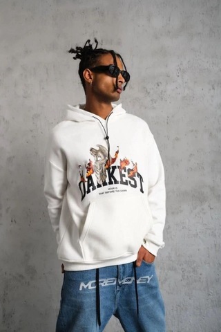 Butik İstanbul Erkek Oversize Kapüşonlu Sweatshirt Beyaz Renk Üç İplik İçi Pamuklu Kanguru Cepli Baskılı Hoodie Rahat Kalıp Kışlık Günlük Kombinlere Uygun - Beyaz