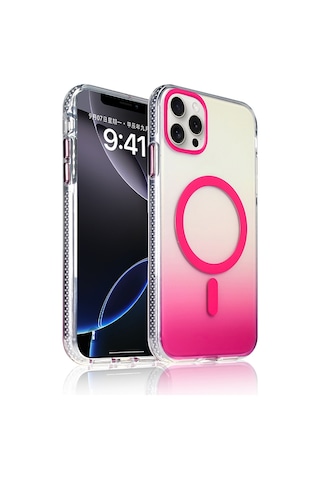 Apple Uyumlu iPhone 15 Pro Max Kılıf M-safe Şarj Özellikli Transparan Renk Geçişli Zore Toros Kapak Rose Pembe