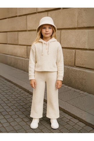 Zekids Kız Çocuk Pamuklu Dokulu Kumaş Pantolon-16224 Krem
