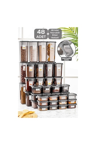 Meleni Home 48 Parça Çeyiz Seti - Etiketli Kare Erzak Saklama Kabı Kahvaltılık Çerezlik Baharatlık Bakliyat Kabı