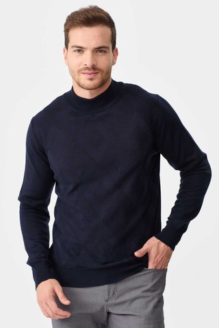 Desen Triko Erkek Yarım Balıkçı Yaka Baklava Desenli Yün Kazak 02422548 Lacivert