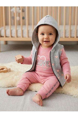 Bambık Kız Bebek Kalp Desenli Yelekli 3 Lü Takım Pembe Pembe - Gri