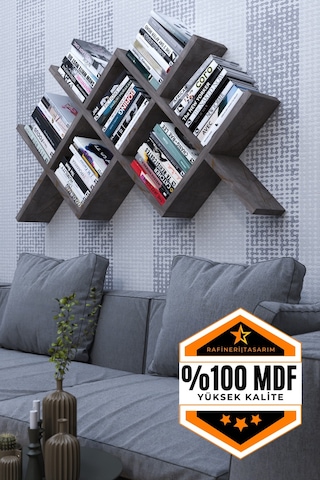 Mdf Kitaplık Bölmeli Raflı Dekoratif Tasarımlı Gri