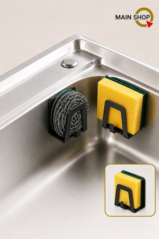 Mainshop 2 Adet Bulaşık Sünger Tutacağı Kancalı Yapışkanlı Paslanmaz Bulaşık Sünger Tutucu Askı M-sng2 Siyah