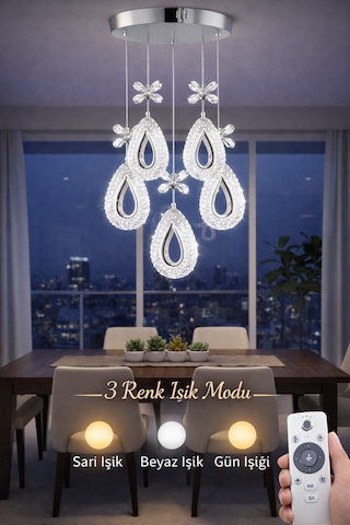 Yagmur Model 5'li 3 Renk Modu Ledli Modern Salon Mutfak Oturma Odası Led Avize Gümüş - Krom