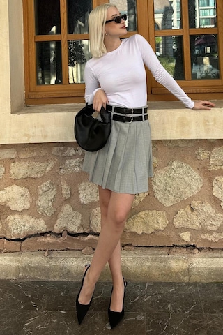 Madmext Gri Pileli İki Kemerli Kadın Etek Mg2246