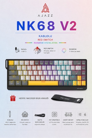 Nk68v2 Hot Swap Kablolu Mekanik Oyun Klavyesi- Red Switch-bilek Askılı