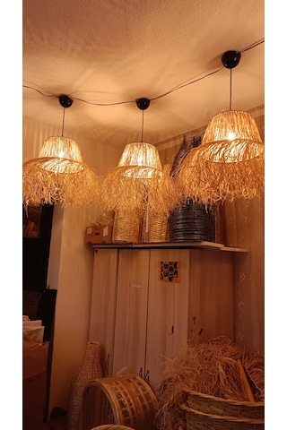 Hasır Doğal Saçaklı 30 Cm Çap Dekoratif Rafya Avize Sarı