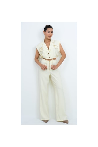 Dorne Moda Özel Seri Fermuar Ve Cep Detaylı Crop Yelek Bluz Ve Bol Paça Pantolon İkili Takım - Düğün - Mezuniyet - Ofis Şıklığı Sarı Sarı