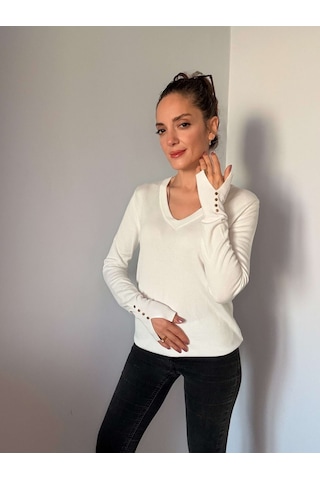 Ali Butik Beyaz V Yaka Kol Detaylı Triko Beyaz