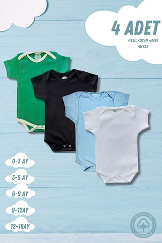 Betül Bebek Kısa Kollu 4'lü Organik Pamuk Çıtçıtlı Bebek Body & Zıbın Yeşil,siyah,mavi,beyaz Çok Renkli