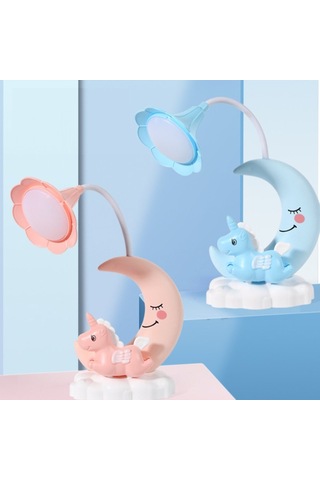 Ay Ve Unicorn Tasarımlı Sevimli Şarjlı Masa Lambası Mavi