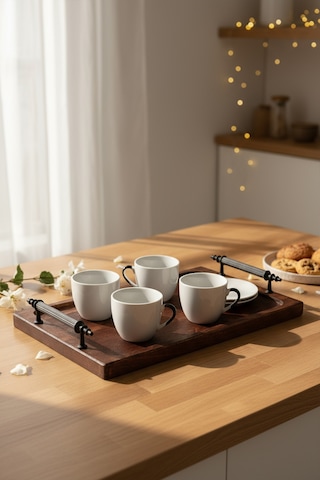 Tray - Metal Kulplu Ahşap Tepsi Sunum Tepsisi Kahve Servis Tepsisi SNPTRAY