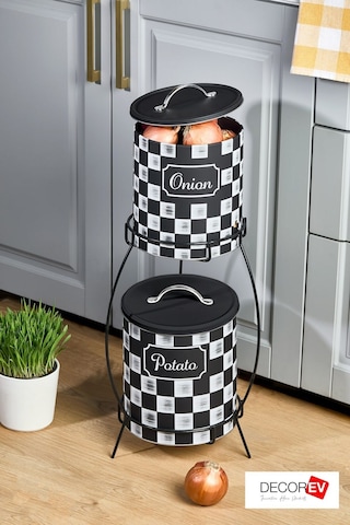 Decorev 2 Katlı Kulplu Patates Soğanlık Metal Patates Soğan Kovası Sebzelik Sepeti Dama Desenli