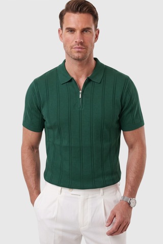 Deepsea Erkek Fermuarlı Polo Yaka Çizgi Dokulu Yeşil Triko Tişört Regular Fit Yumuşak Dokulu 2608007