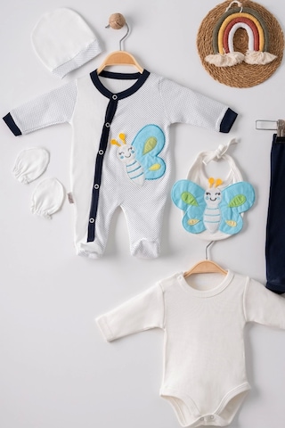 Yenisinial Kelebek Nakışlı Tulumlu % 100 Pamuk Erkek Bebek 5'li Set Siyah