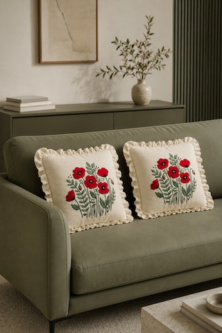 2'li Fırfırlı Gelincik Desenli Dekoratif Kırlent Kılıfı %100 Pamuk Organik Boya Baskılı 45x45 Cm Çok Renkli