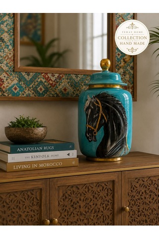 Seramik Vazo - El Yapımı Turkuaz At Desenli Honey Pot