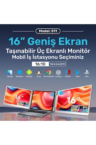 Npo Npm11 16" Fhd 1200p Ips Type-c Taşınabilir 2'li Monitör Çoklayıcı Standlı Notebook Monitör