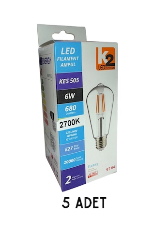 K2 Kes505 Led Filament Ampul 6w E27 Duy Günışığı - 5 Li Paket
