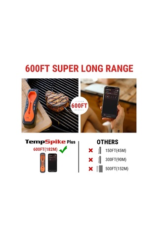 Thermopro Tp970 Tempspike Plus Tam Kablosuz Akıllı Et Termometresi, 182m Ultra Menzilli Bluetooth Barbekü Ve Fırın Isı Ölçer Turuncu