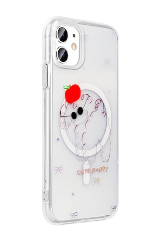 Techaks Apple Uyumlu iPhone 11 Kılıf M-safe Şarj Özellikli Şeffaf Zore Folk Sert Kapak - Kalp Beyaz