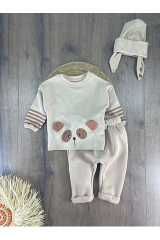 Bebicix Oversize Şerit Detaylı Yumuşak Doku Bereli Erkek Bebek 3'lü Takım Krem