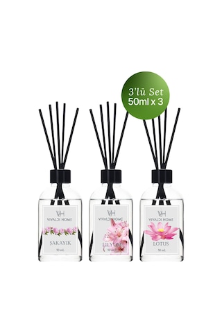 Vivaldi Home Şakayık + Lilyum + Lotus Çubuklu Oda Kokusu Esansiyel Uçucu Yağ 3 x 50 ML