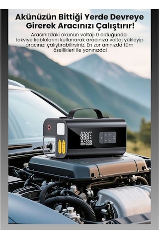 Castu Jump Starter Süpürgeli Akü Takviye Cihazı 18.000mah 10 İn 1 Powerbank, Hava Kompresörü, Lcd Ekran,