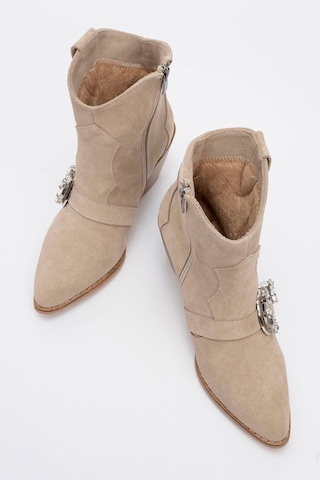 Luvishoes Luvi Shoes Any Bej Taşlı Hakiki Deri Süet Kadın Topuklu Bot Bej Süet