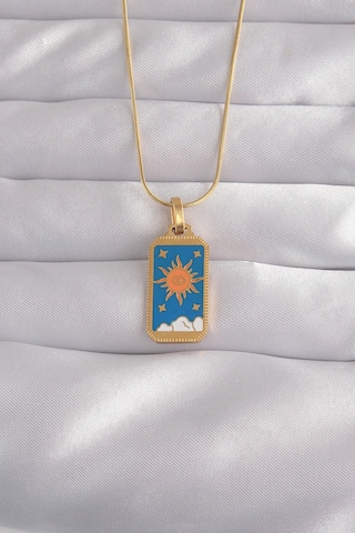316l Çelik Gold Renk Mavi Mineli Güneş Model Tarot Kolye Altin