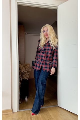 Modaonna Ekose Desen Kırmızı Blazer Ceket Kırmızı